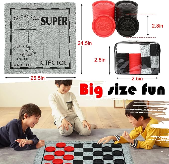 Giant Checkers Board Game Set, 3 in 1 Tic Tac Toe Board Draughts Reversible Rug - Image 6