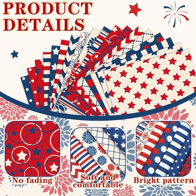 Ganeen 60 Pcs 10 x 10 Inch Vintage Patriotic Quilting Fabric Squares Red Blue - Image 4