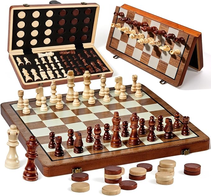 MerryPony 2 in 1 Magnetic Wooden Chess and Checkers Set, Chess Board by MerryPony