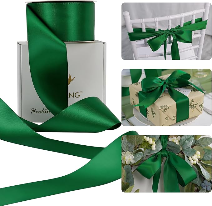 HUIHUANG Forest Green Ribbon 2 inch Double-Faced Forest Green Silk Fabric Ribbon by HUIHUANG