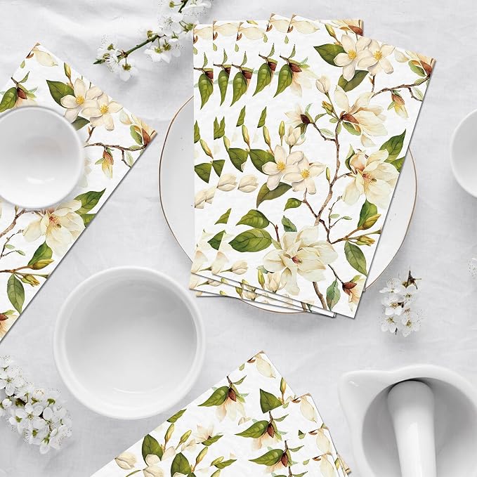 60 Pack 3 Styles Floral White Magnolia Blossom Guest Napkins Disposable Paper - Image 5