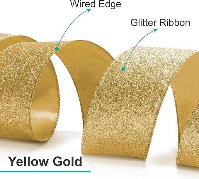 CT CRAFT LLC Glitter Wired Ribbon 2.5" x 20 Yards Yellow Gold - Image 3