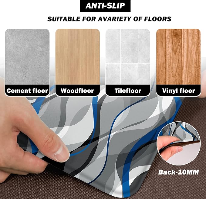 Kitchen Mats for Floor Modern Abstract kitchen rugs Grey and Blue Stripe Anti - Image 3