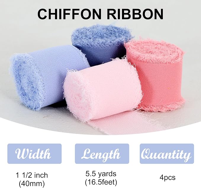 TONIFUL 4 Rolls Pink & Blue Chiffon Ribbon 1 1/2 Inch 5.5 Yards Fabric Silk - Image 2