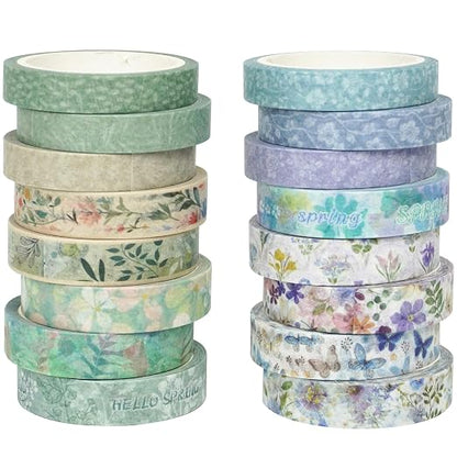 YUBX Spring Washi Tape Set 16 Rolls Flowers Printed Embellishment Green by EveryCreatorhashisYUBX
