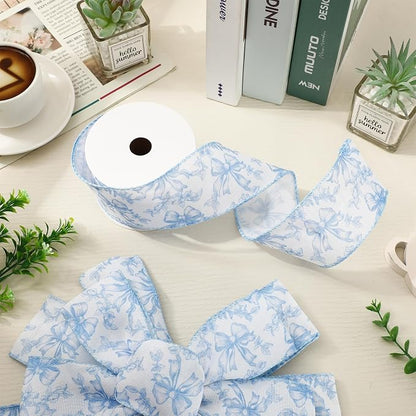 Blue Floral Bow Wired Edge Ribbon Chinoiserie Flower Bowknot Fabric Ribbon - Image 3