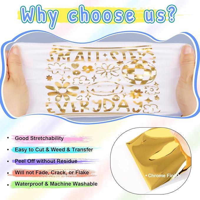 VINYL FROG Metallic Foil HTV Vinyl Roll 12" x12ft Gold Chrome Heat Transfer - Image 2