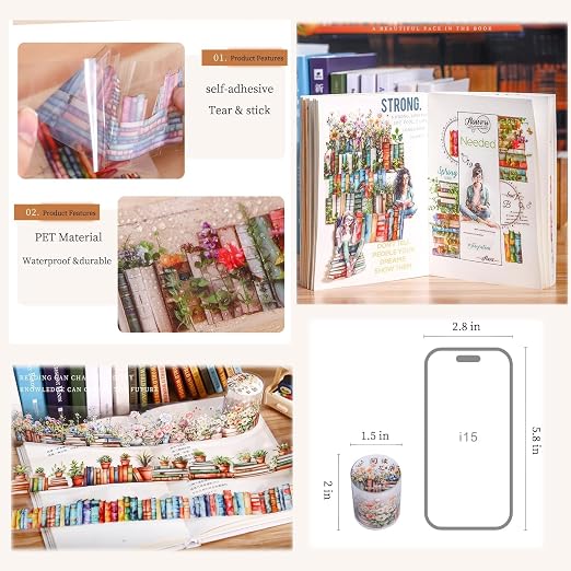 6 Rolls PET Washi Tape Set, Reading Themed Scrapbook Tape Stickers - Image 6