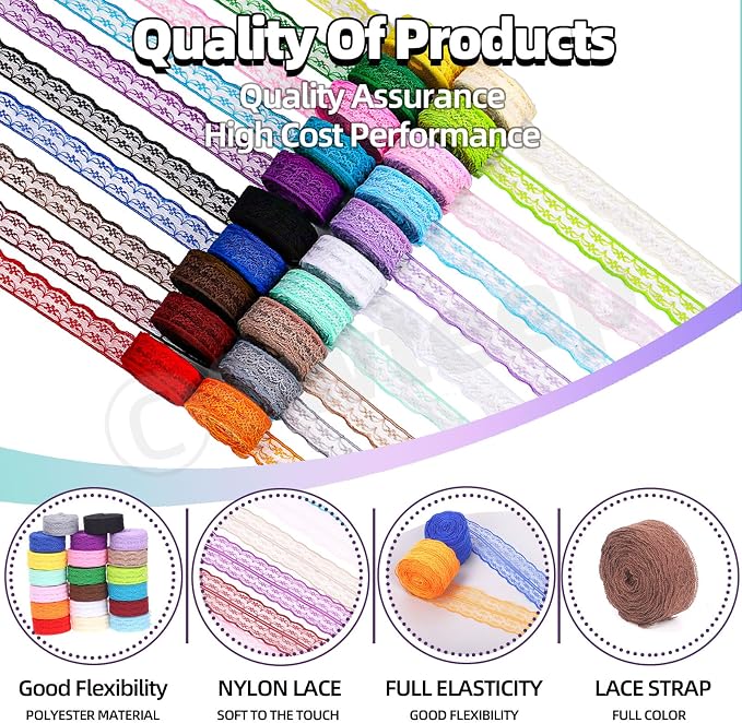 Swpeet 20 Rolls in Total 200 Yards 2.2cm×10 Yards Colorful Lace Ribbon - Image 3