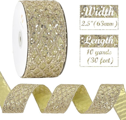 HUIHUANG Champagne Glitter Wired Ribbon - Image 2