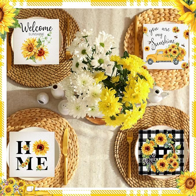 Fulmoon 200 Pieces Summer Sunflower Cocktail Napkins Disposable Floral Dessert - Image 6