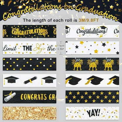 Whaline 12 Rolls Graduation Washi Tape Black Foil Gold 2025 Grad Washi Masking - Image 2