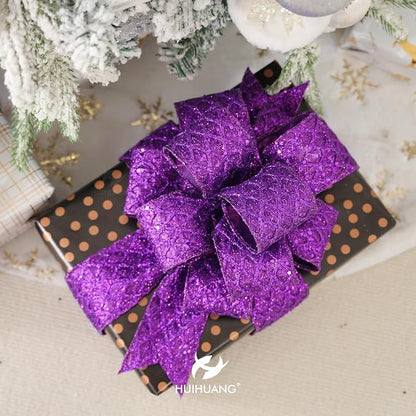 HUIHUANG Purple Wired Christmas Ribbon 4 inch Purple Glitter Wired Ribbon - Image 7