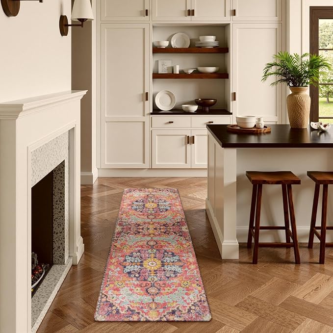 Lahome Bohemian Washable 2x5 Hot Pink Kitchen Runner Rug, Non Slip Bathroom - Image 2