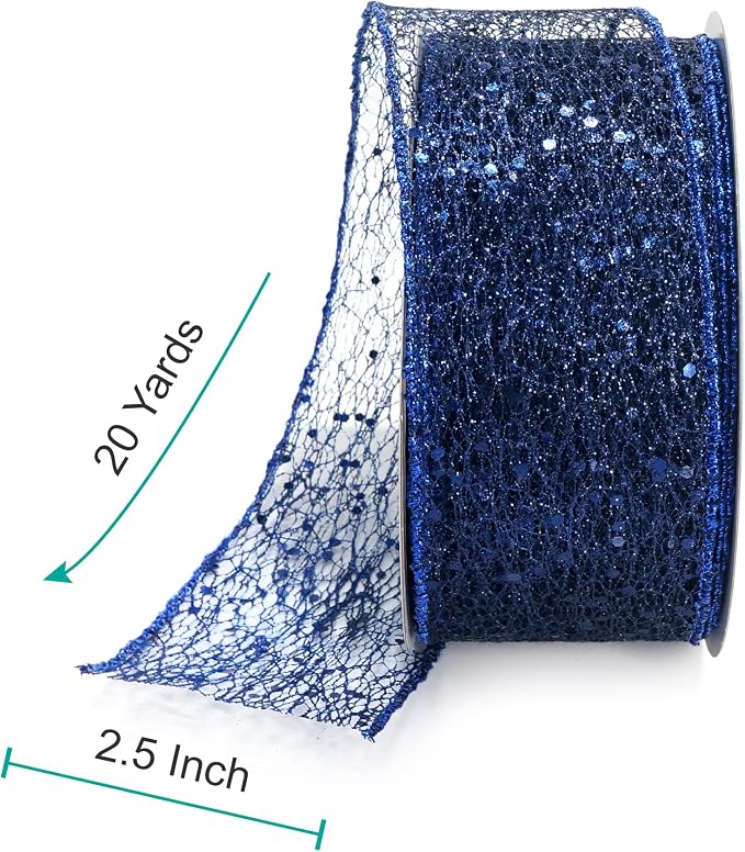 CT CRAFT LLC Sparkling Glitter Mesh Wired Ribbon 2.5" x 20 Yards Blue Navy - Image 2