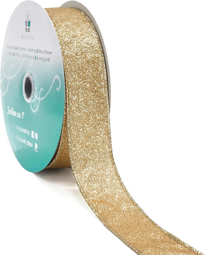 CT CRAFT LLC Glitter Wired Ribbon 1.5" x 20 Yards Light Gold by CTCRAFTLLC