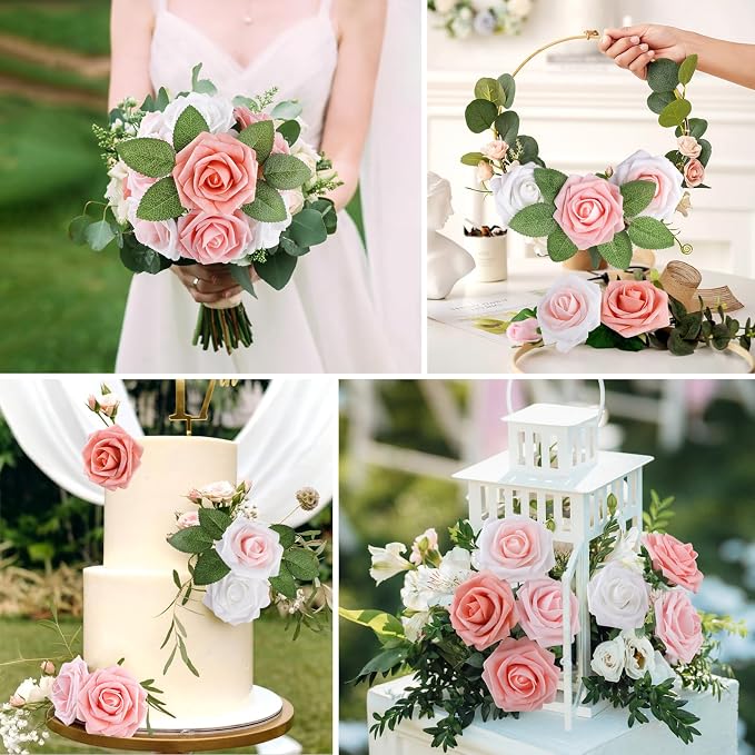 AmyHomie 25pcs Real Looking Artificial Shades of Blush Roses w/Stem - Image 4