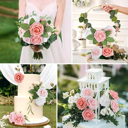 AmyHomie 25pcs Real Looking Artificial Shades of Blush Roses w/Stem - Image 4