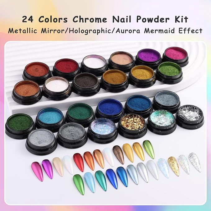 24 Jars Chrome Nail Powder Metallic Mirror Effect Pigment Iridescent Aurora - Image 2