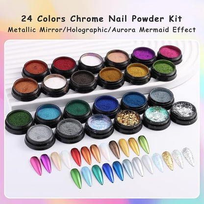 24 Jars Chrome Nail Powder Metallic Mirror Effect Pigment Iridescent Aurora - Image 2