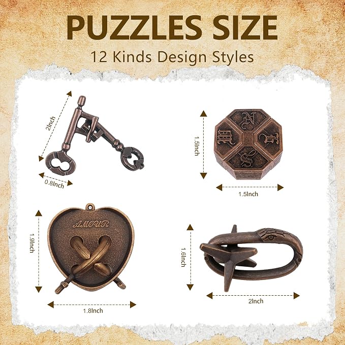 12Pcs Brain Teaser Puzzles for Adults and Teens, 3D Metal Puzzle Set - Image 2