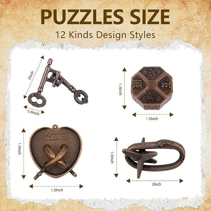12Pcs Brain Teaser Puzzles for Adults and Teens, 3D Metal Puzzle Set - Image 2