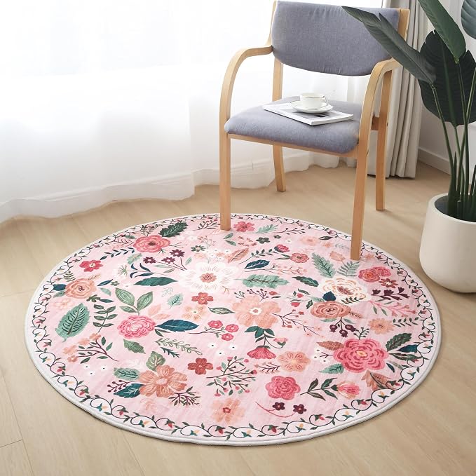 Rugcomf Round Rug 4ft Washable Circle Rug Non Slip Low Pile Boho Floral Small - Image 6