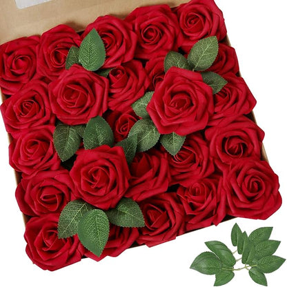 AmyHomie Artificial Flower Dark Red Rose 25pcs Real Looking Fake Roses w/Stem by AmyHomie