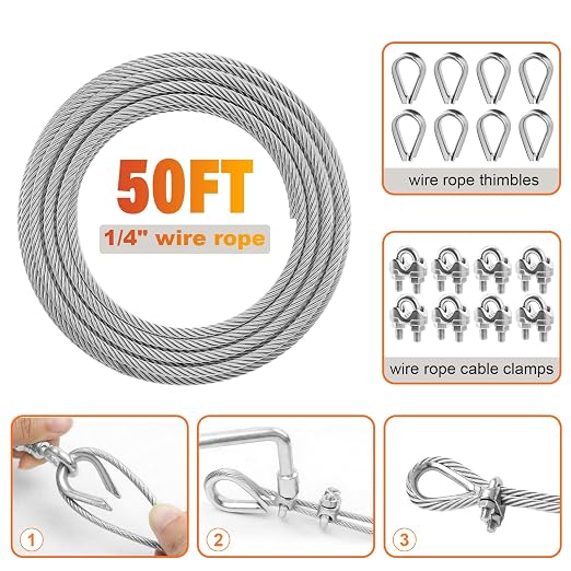Stainless Steel Cable for Railing - 50FT 1/4" T316 Wire Rope - 7 x 19 Strands - Image 6