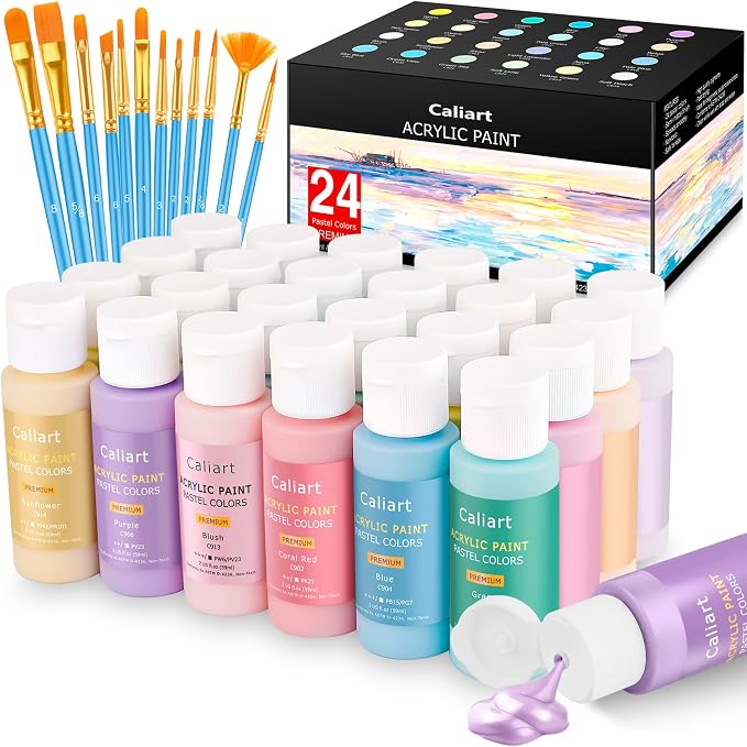 Acrylic Paint Set With 12 Brushes, 24 Colors Art Craft Paints by Caliart
