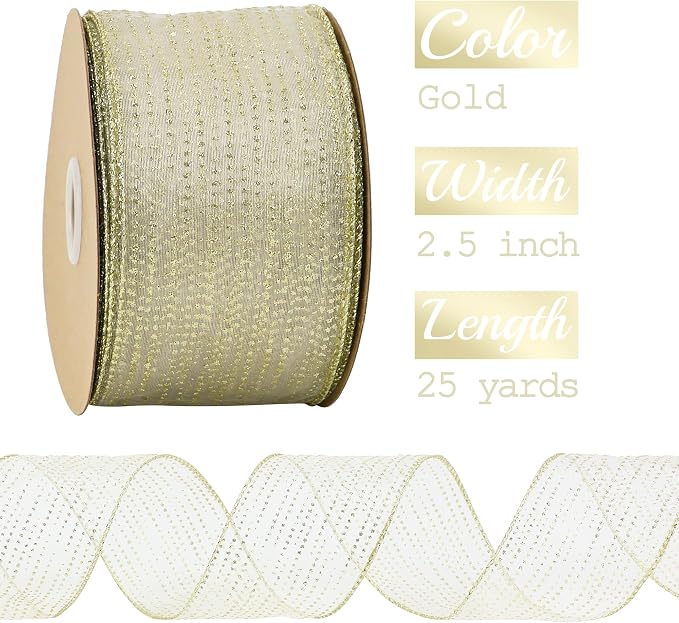 MEEDEE Glitter Gold Wired Ribbon 2.5 Inch Horizontal Stripes Polka Dot - Image 2