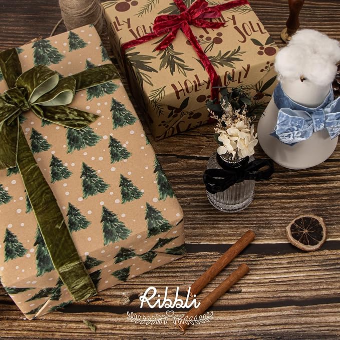 Ribbli Moss Green Velvet Ribbon 1 Inches Luxury Crinkled Green Christmas Ribbon - Image 3