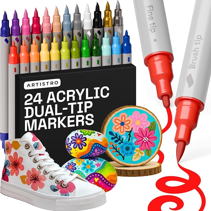ARTISTRO 24 Dual Tip Brush + Fine Acrylic Paint Markers by ARTISTRO
