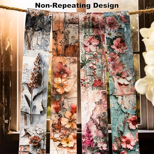 Vintage Floral Washi Tape Set – 6 Rolls, 2M Non-Repeating Flower Collage Designs - Image 4