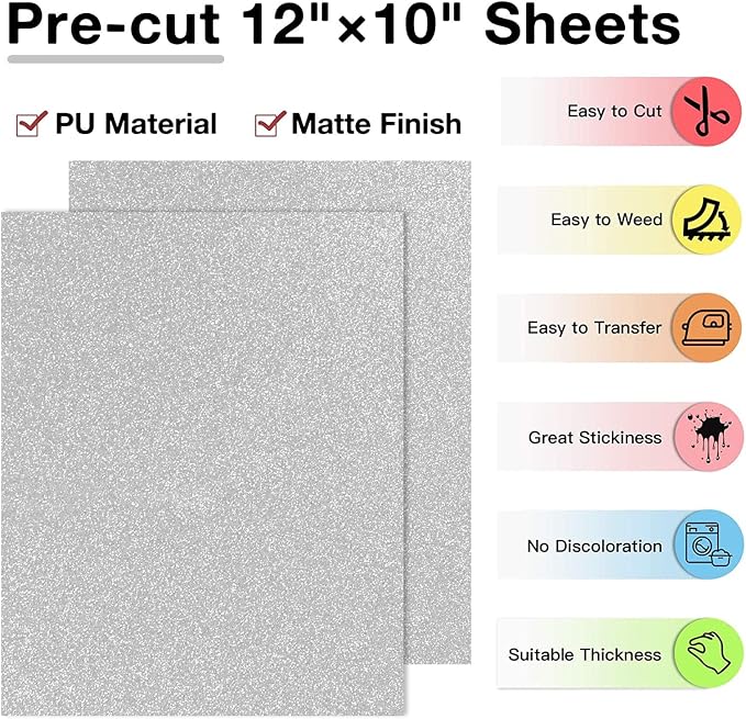 HTVRONT Silver Glitter HTV Heat Transfer Vinyl Bundle: 13 Pack 10" x 12" Iron - Image 2