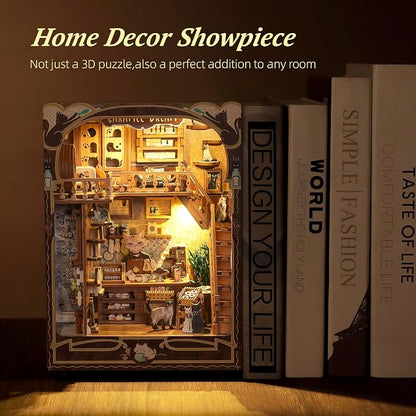 3D Wood Puzzle Book Nook Kit, Caramel Dream Cat Café Bookshelf Insert - Image 5