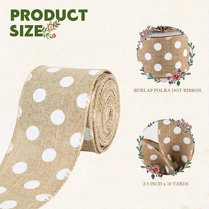 Burlap Ribbon Wired, Farmhouse Rustic White Dots Ribbon - Image 2
