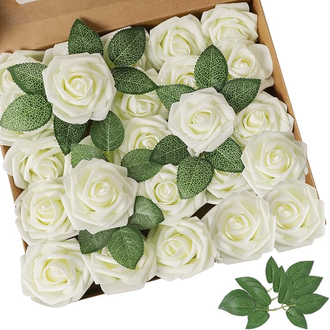 AmyHomie Artificial Flower Ivory Rose 25pcs Real Looking Fake Roses w/Stem by AmyHomie