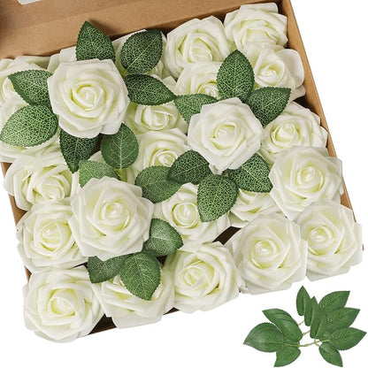 AmyHomie Artificial Flower Ivory Rose 25pcs Real Looking Fake Roses w/Stem by AmyHomie