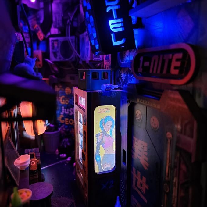 Neo Ramen MiniAlley DIY Cyberpunk Book Nook Kit – Wooden Diorama - Image 4