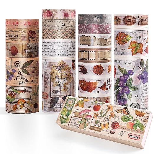 20 Rolls Vintage Washi Tape Set, Floral Letter Butterfly Mushroom Botanical - Image 2