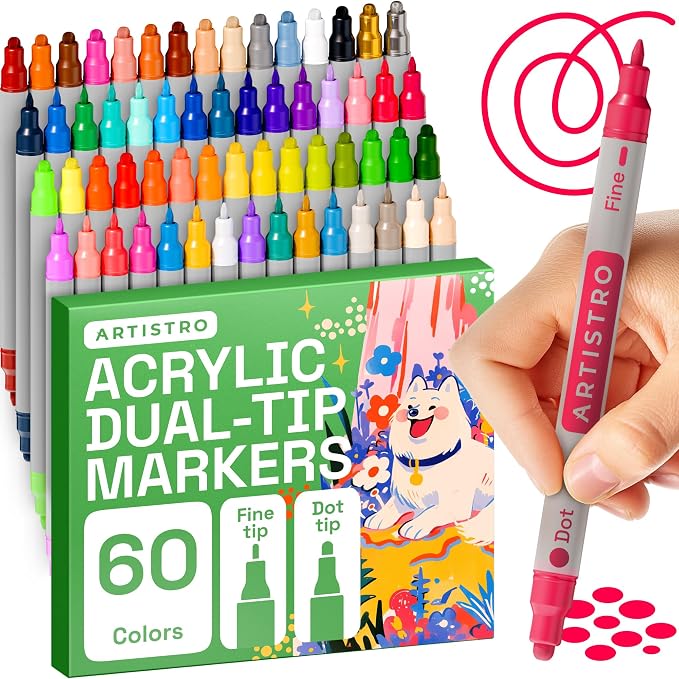 ARTISTRO 60 Dual Tip Acrylic Paint Markers, Acrylic Paint Pens, Fabric Markers by ARTISTRO