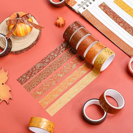 Whaline 12 Rolls Fall Washi Tapes Foil Gold Decorative Tape Autumn Gnome - Image 5