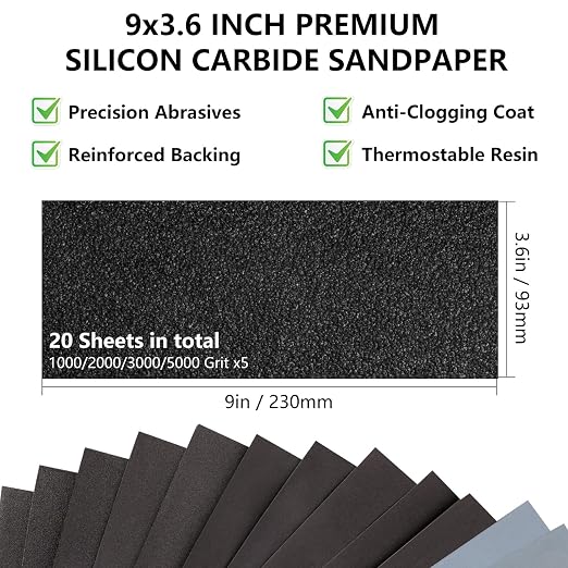 Fine Sandpaper Assortment 1000/2000/3000/5000 Grit, 20 Sheets, 9 x 3.6 Inch Wet - Image 2