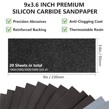 Fine Sandpaper Assortment 1000/2000/3000/5000 Grit, 20 Sheets, 9 x 3.6 Inch Wet - Image 2