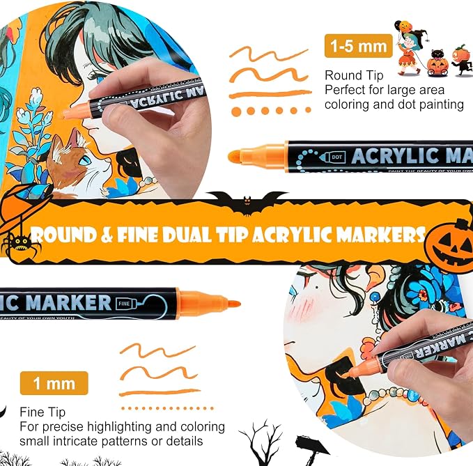 12 Colors Waterproof Dual Tip Acrylic Paint Pens, Dot & Fine Tip Premium - Image 2