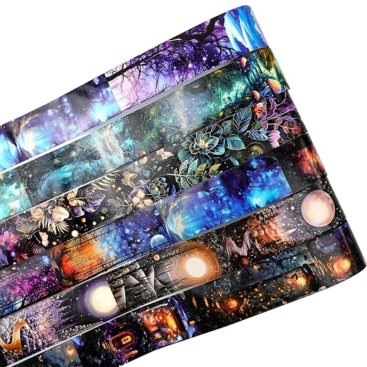 6 Rolls Fantasy Washi Tape Set – Non-Repeat Magical Forest and Galaxy Designs by MiyouLuna