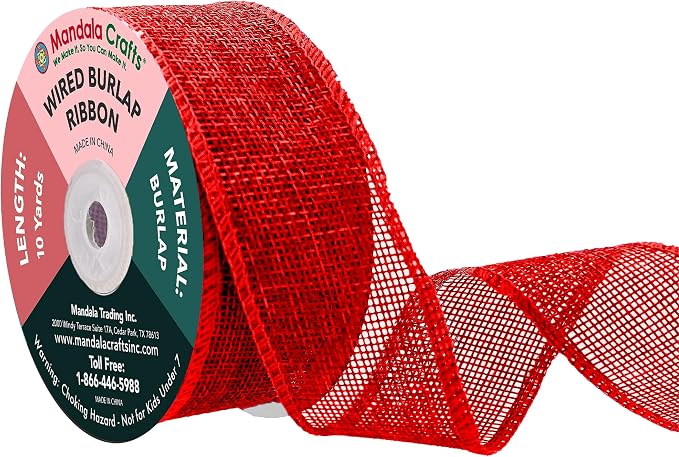 Mandala Crafts Red Burlap Wired Ribbon 1.5 Inches Wide Jute Ribbons by MandalaCrafts