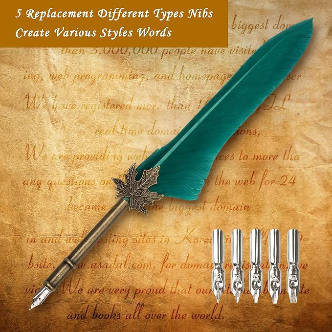 AHIER Quill Pen and Ink Set, Feather Pen Quill Pen Set Includes 5 Steel - Image 3