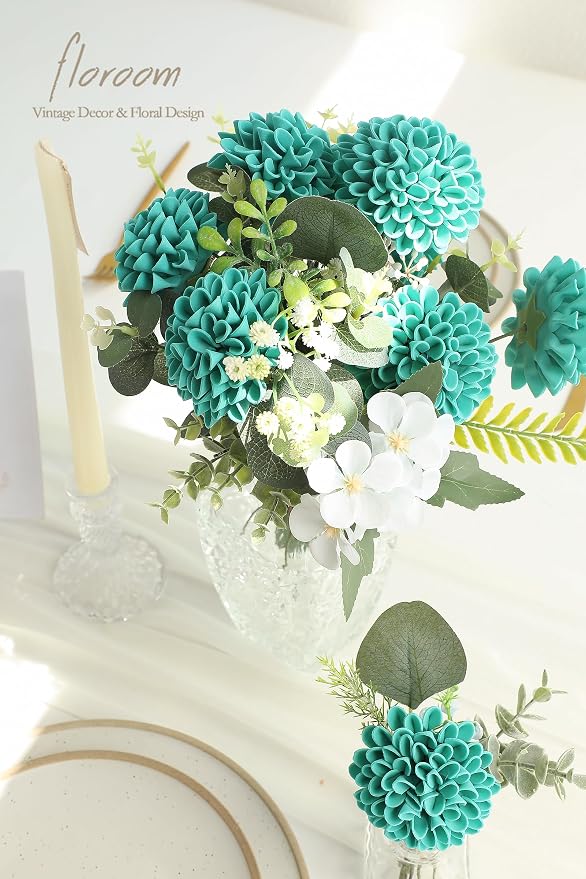 Floroom Artificial Dahlia Flowers 25pcs Real Looking Teal Green Foam Fake Roses - Image 2